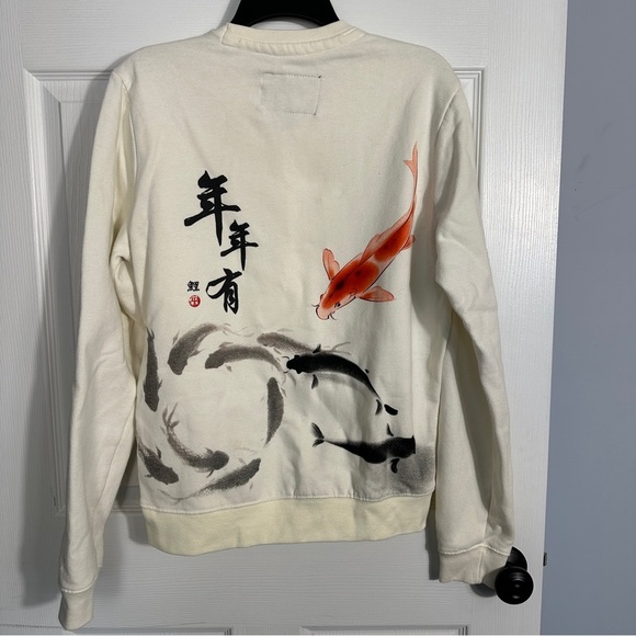 Blind Rooster size Sm. unisex koi pond pullover sweatshirt, wraparound graphics - Picture 8 of 10